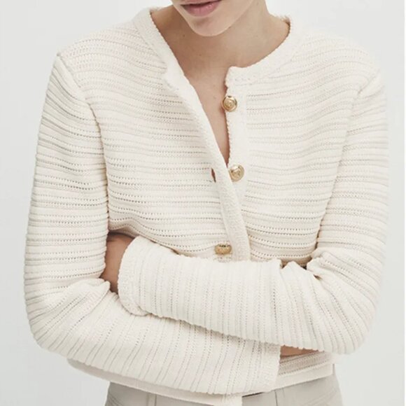 Massimo Dutti Textured Knit Cardigan With Gold Button Detail - Picture 1 of 8